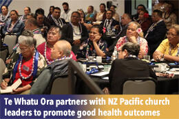 Samoan church leaders in lei and Pacific prints gather in a large conference hall