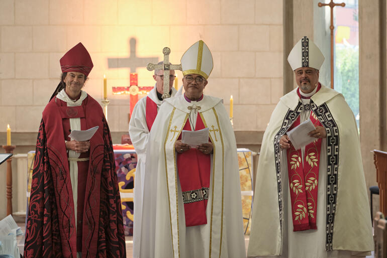 R-L: Abp Don Tamihere, Abp Sione Ulu'ilakepa and Abp Justin Duckworth at Bishop Anne van Gend's ordination in St Paul's Cathedral, Dunedin in 2025.