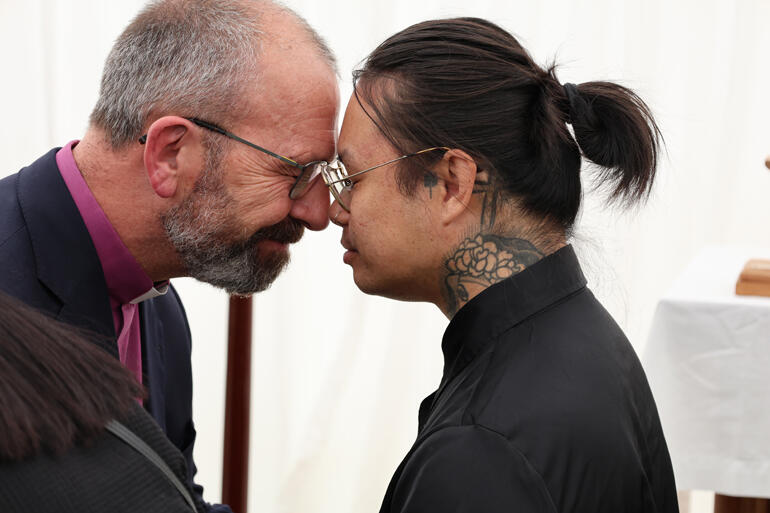 Bishop of Waiapu Andrew Hedge greets a Hoani Tapu student during the opening pōhiri, on 15 February 2026.