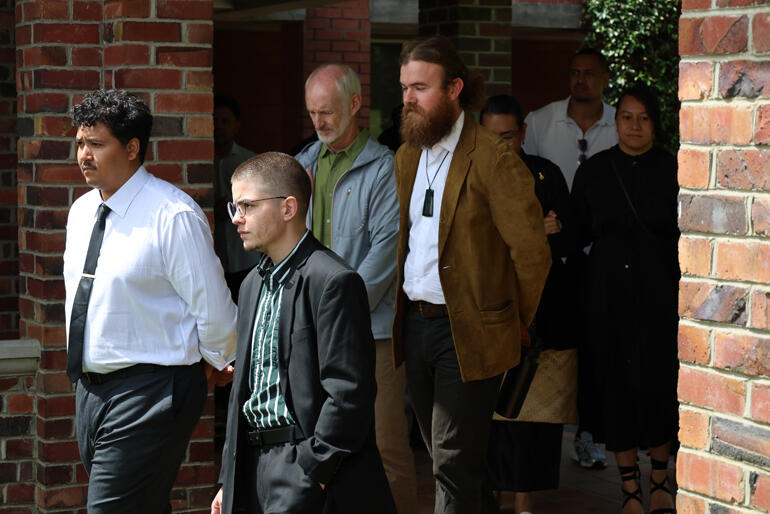 St John's students Byron Behm (Diocese of Christchurch) and Theo Rose (Diocese of Dunedin) enter the College's opening pōhiri on 15 February 2026.