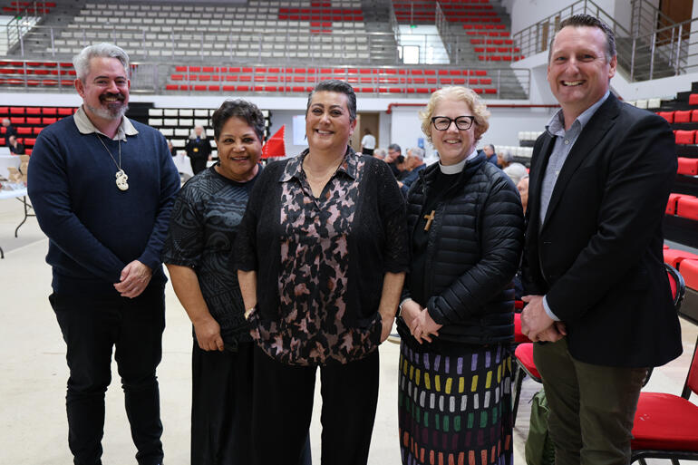 Te Kaunihera in Tonga: L-R Geremy Hema, Mele Tuilotolava, Khylee Quince and Rev Dr Clare Barrie with Acting Manukura Dr Andrew Picard.