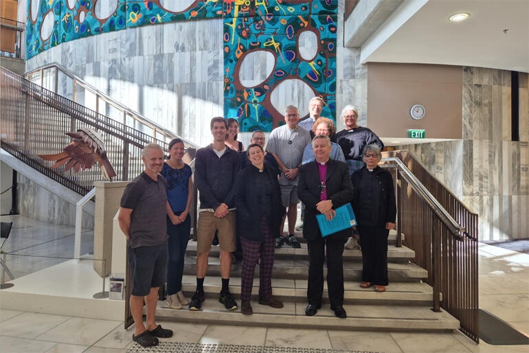 Abp Em. Sir David Moxon with supporters at Parliament to back the Archbishops' Treaty Principles Bill submission.