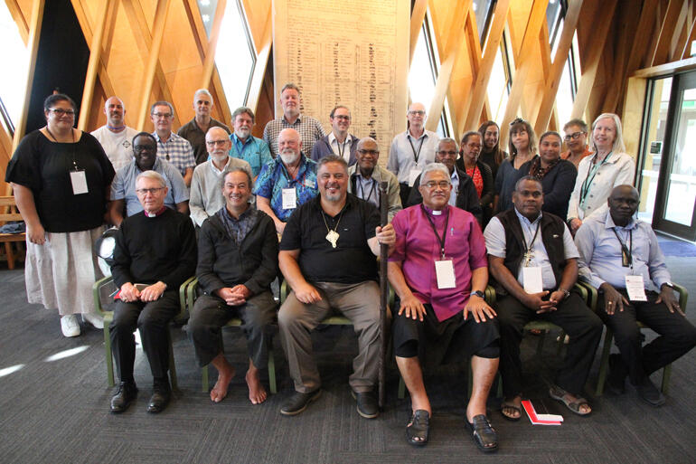 Anglican primates, general secretaries and spouses gather in Te Whare Hononga adjacent to Taranaki Cathedral during Fono 2025.