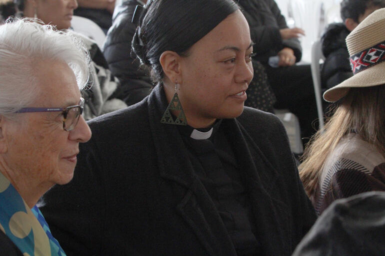 Anne Candy and Rev Keri-Ann Hokianga appreciate the whaikorero.