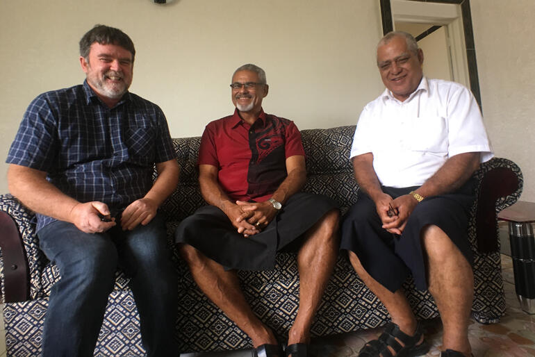 Bishop 'Afa Vaka grabs a snap with Archbishop Philip Richardson and Bishop Henry Bull after their pre-ordination retreat back in 2017.