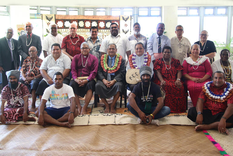 Abp Sione Ulu'ilakepa and Rev Sepiuta Hala'api'api flank PCC Moderator Dr Leatulagi Faalevao at April's PCC Executive meeting in Suva.