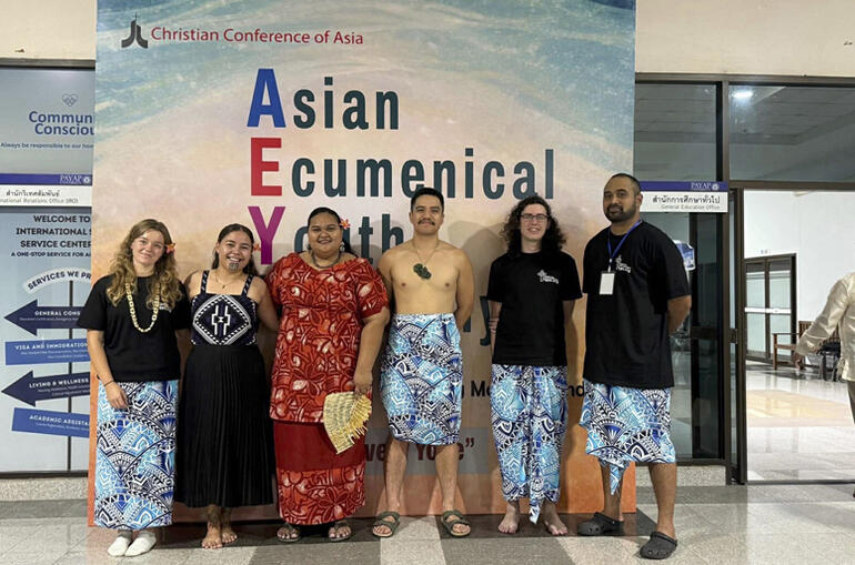 Hannah Corbett, Shinaya Kaiwai, Loini Simeti, Kauri Tangohau, Daniel MacDonald & Alokoulu Ulukivaiola at CCA's Asian Ecumenical Youth Assembly '26.
